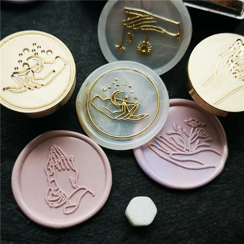 Brass Prayer Hand Wax Seal stamp Diy Fire Lacquer hand gesture with rose flower stars seals Wedding Invitation Sealing Wax Stamp