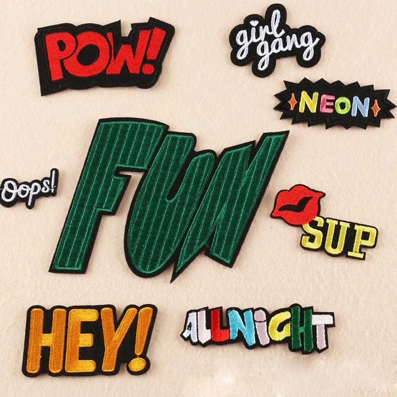 Novelty Girl Gang Letters Words Fun Pow Hey Oops Embroidery Punk Clothes Patch For Clothing Iron On Patch Motif Applique