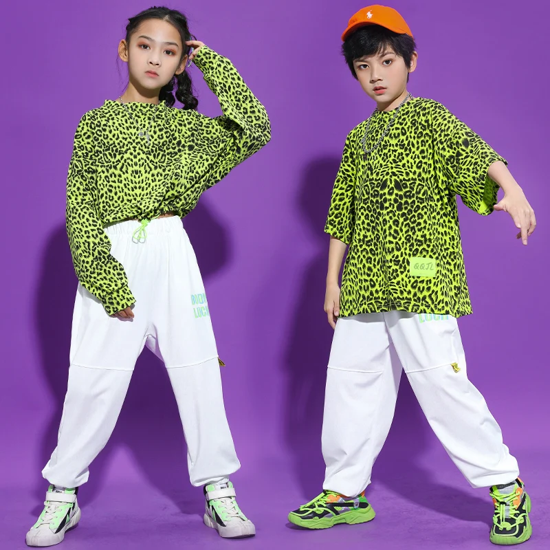 LOLANTA Girl Boy Hip Hop Outfit Fluorescent Green Leopard Print T-Shirt Or White Sweatpants Clothes Loose Tracksuit Casual wear