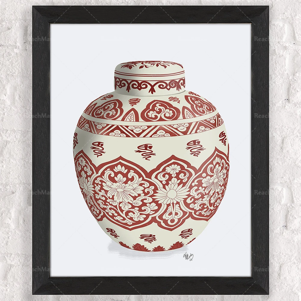 Ginger jar art, Cherry blossom print, Red and white china, Chinoiserie vase, Oriental ginger jar, Chinese home decor, Ming porce