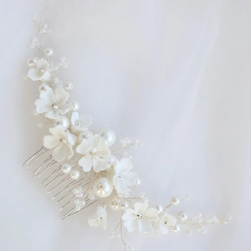 Floralbride Handmade Simulated Pearls Ceram Flower Bridal Hair Comb Wedding Headdress Hair Accessories Bridesmaids Women Jewelry