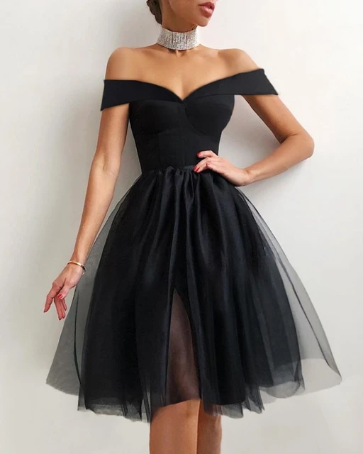 Vestido De Malla Elegante De Manga Larga Para Mujer Tutu De Tul De Cintura Alta Con Hombros Descubiertos Vestido Formal De Fiesta De Color Solido