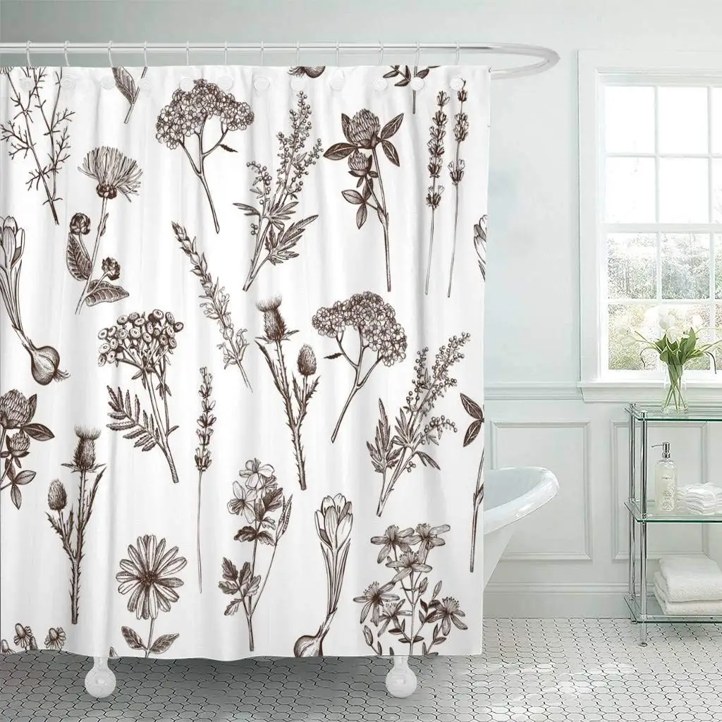 Shower Curtains Bathroom Curtain Botanical Design with Spices and Herbs Colorful with Vintage Medicinal Sketch Herbal bath