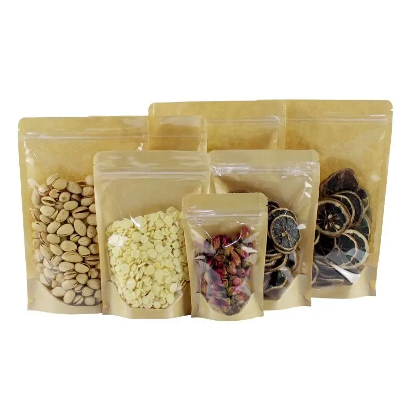 50pcs/lot One Side Clear Kraft Paper Ziplock Bag Snack Nuts Beans Packaging Paper Gift Bag Clear Front Plastic Bags