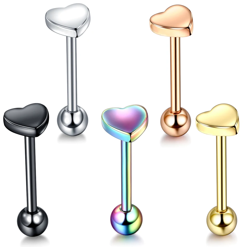 1PC Steel Heart&Ball Tongue Barbell Rings Langue Bar Tongue Piercing Sexy Nipple Ring Helix Earring Piercings Body Jewelry 14G
