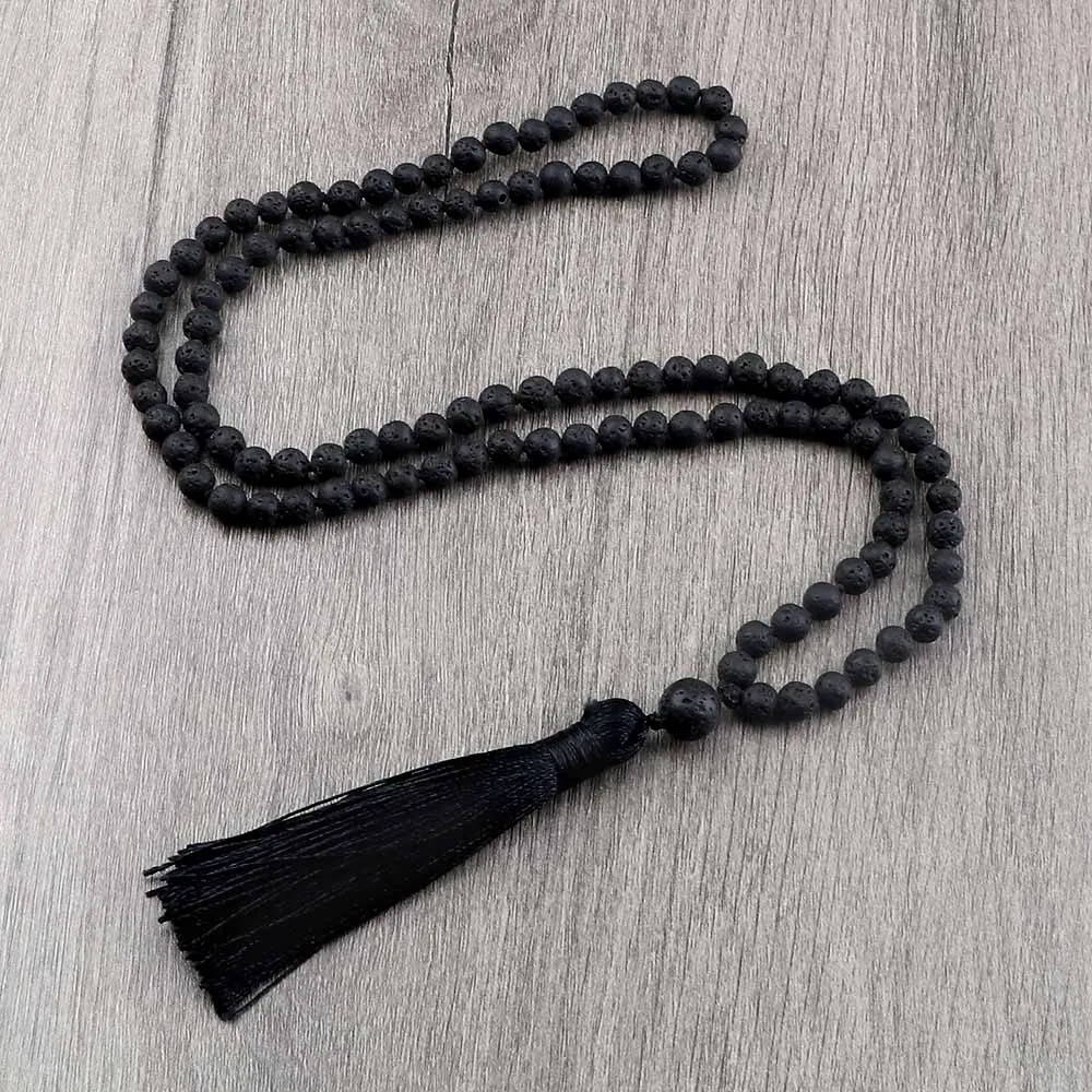 Buddhist Mala Beaded Necklaces for Women Men 6 8mm Black Lava Rock Stone Long Tassel Necklace Handmade Vintage Ethnic Jewelry