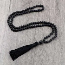 Buddhist Mala Beaded Necklaces for Women Men 6 8mm Black Lava Rock Stone Long Tassel Necklace Handmade Vintage Ethnic Jewelry