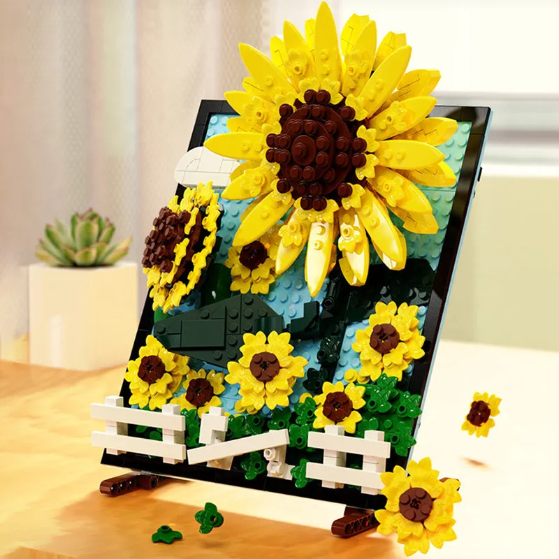 Romantic Sunflowers Eternal Flowers Ornaments Image Mural Gardens House Building Blocks Classic Model Bricks Sets Kids Kits