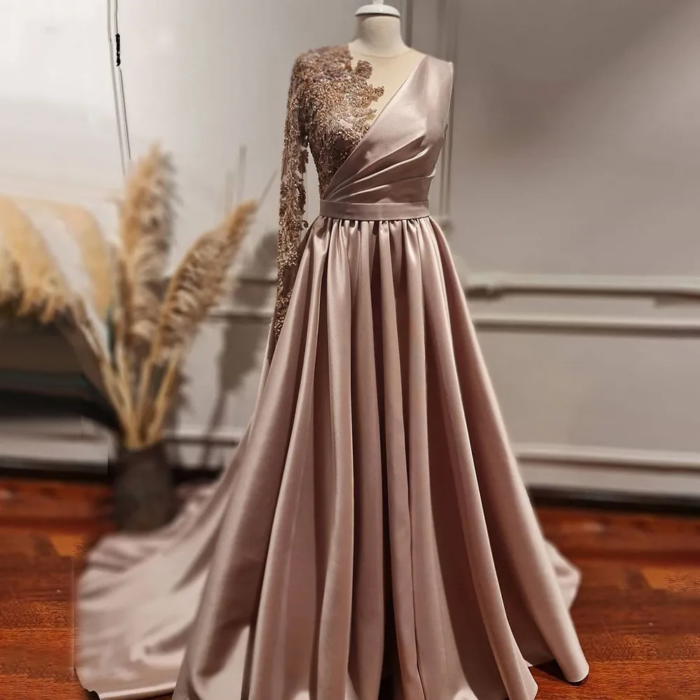 Einzel Sheer Langarm Abendkleid 2023 High Neck Luxus Perlen Rosa Satin Arabisch Dubai Frauen Prom Party Kleid Robe de Soiree