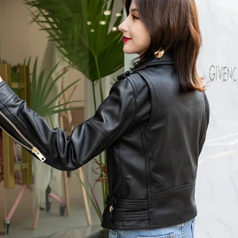 Marca de luxo 2023 couro genuíno mulheres jaqueta senhoras casaco pele carneiro real novo outono inverno motocicleta motociclista outwear preto