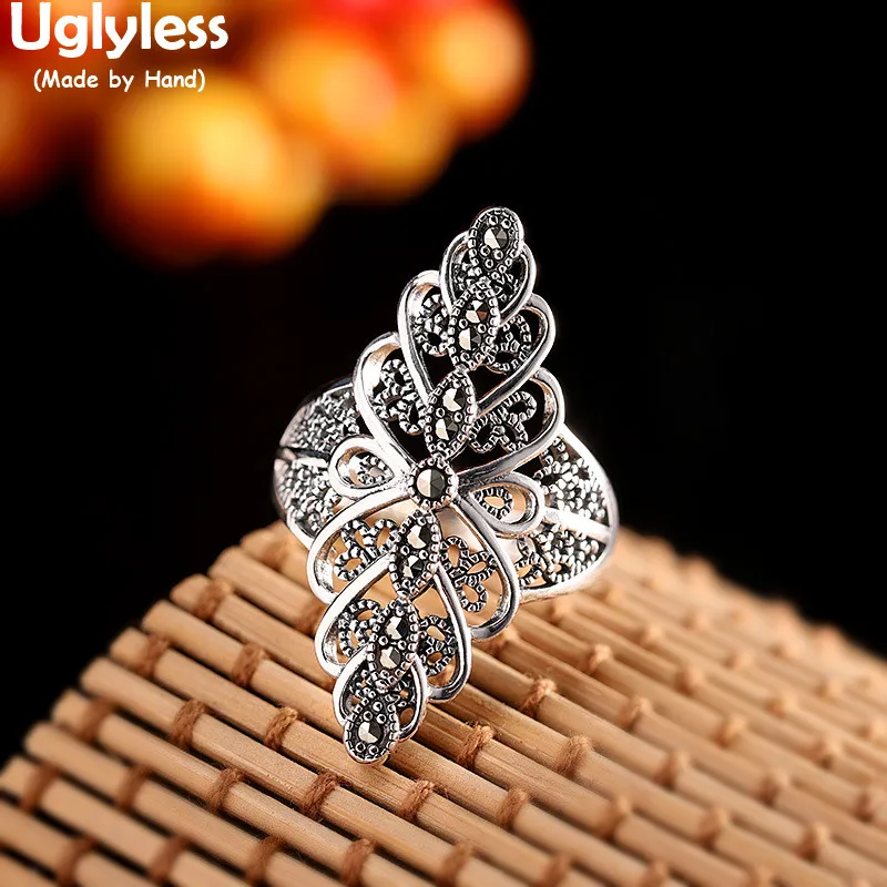 

Uglyless Rhombus Exaggerated 33MM Wide Rings for Women Hollow Flowers Rings Thai Silver 925 Silver Ethnic Jewelry Personalized