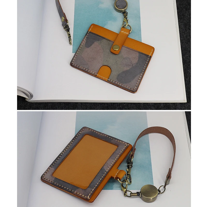 ID Badge Holder For Office Work Genuine Leather Handmade Camouflage Color Reel ID Bus Card Bag Cowhide Mini Purses