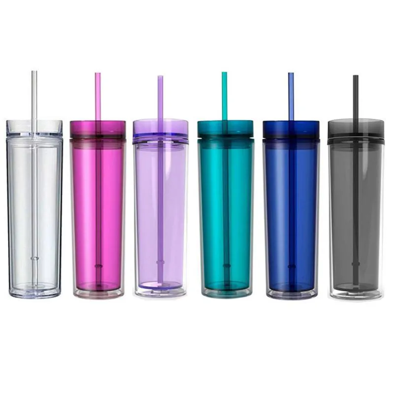 16oz Double Wall Tumblers with Lids and Straws Skinny Plastic Reusable Cups for Water Juice Outdoor Travel Car Bottle BPA Free