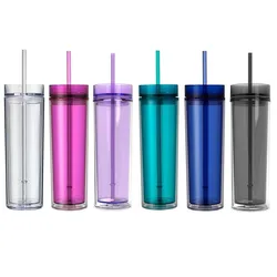 16oz Double Wall Tumblers with Lids and Straws Skinny Plastic Reusable Cups for Water Juice Outdoor Travel Car Bottle BPA Free