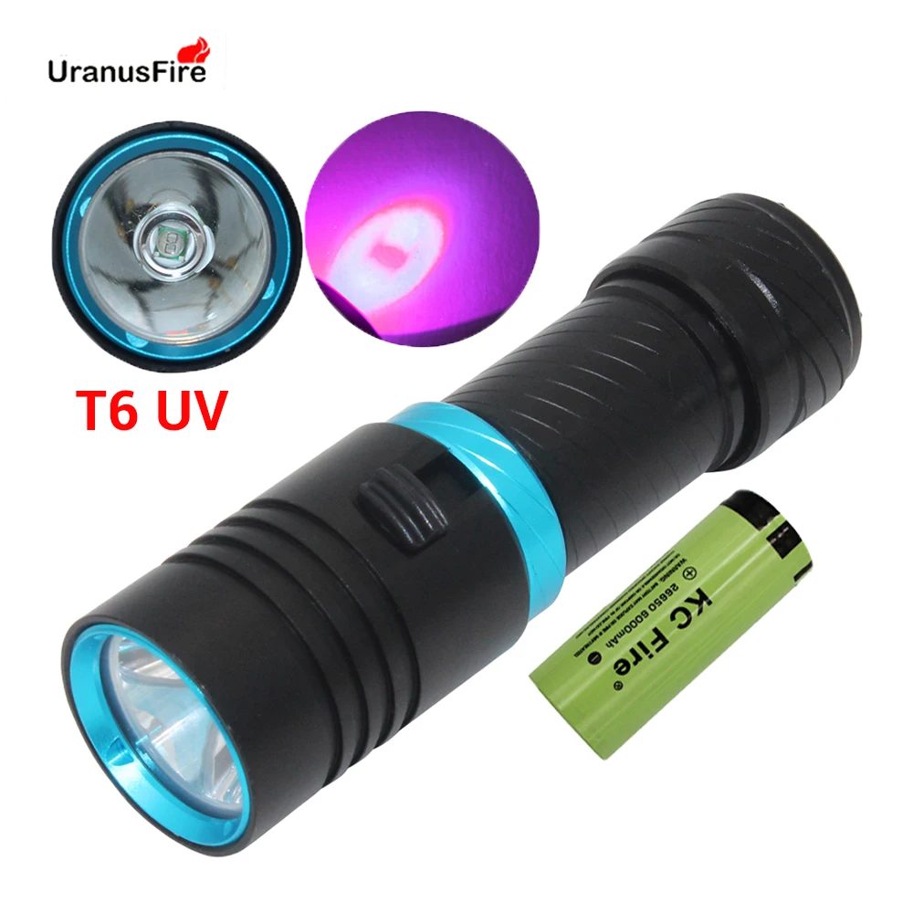 Uvダイビングled懐中電灯防水18650 26650トーチ紫ライトダイビング100メートル水中キャンプランテルナランプ無段階調光