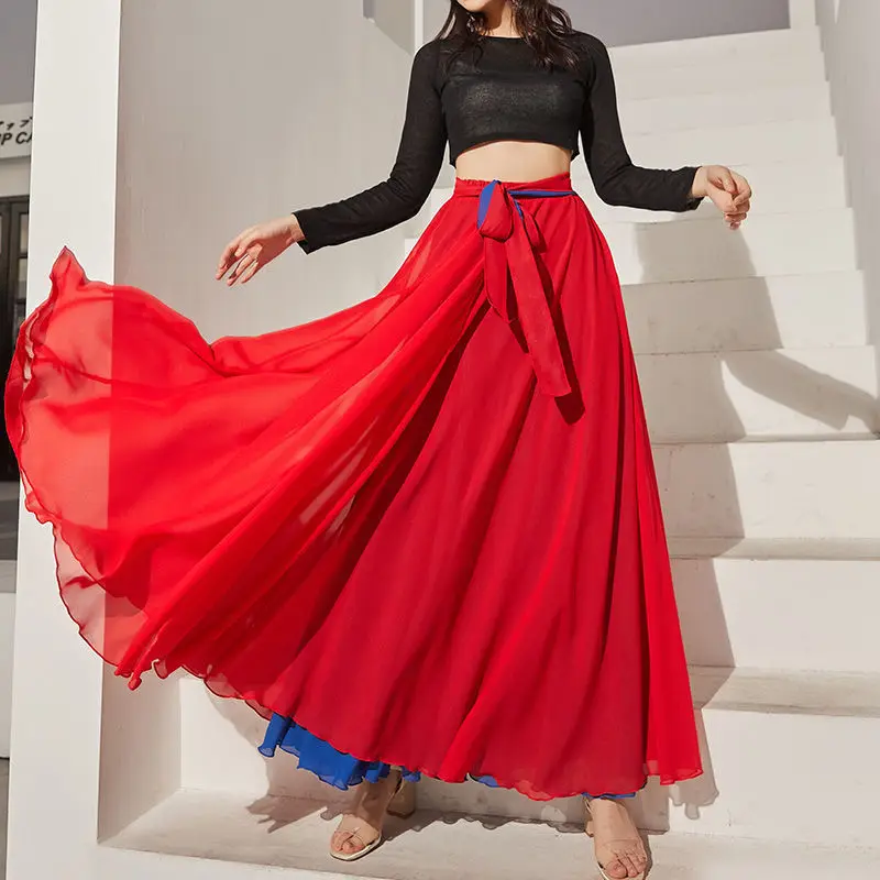 2022 Dance Skirts Chiffon Long Skirts For Women Elegant Casual High Waist Boho Beach Maxi Skirts Wear On Both Sides Saias Femme