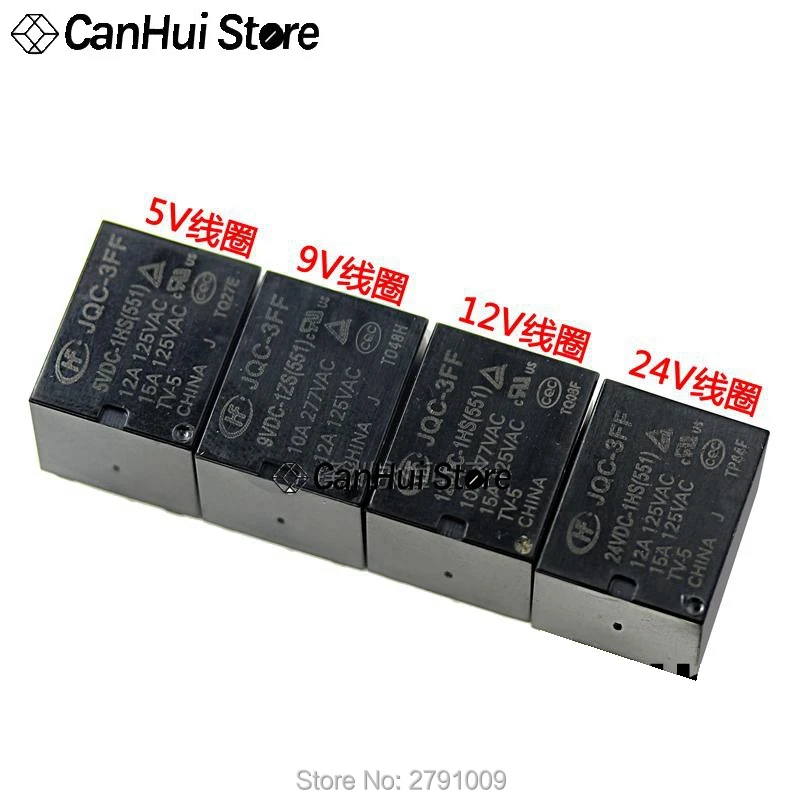 1Pcs HF JQC -3FF- 5VDC/9VDC/12VDC/24VDC -1HS(551) 4-pin 10A/12A one group of normally open HongFa Relay