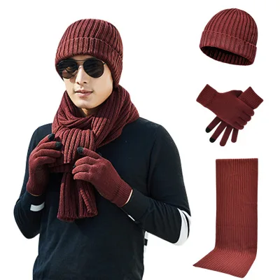 Fashion Men Women Winter Warm Hats Scarves Gloves Set Knitted Plus Velvet Solid Retro Beanie Hat  Scarf  Touch Screen Gloves