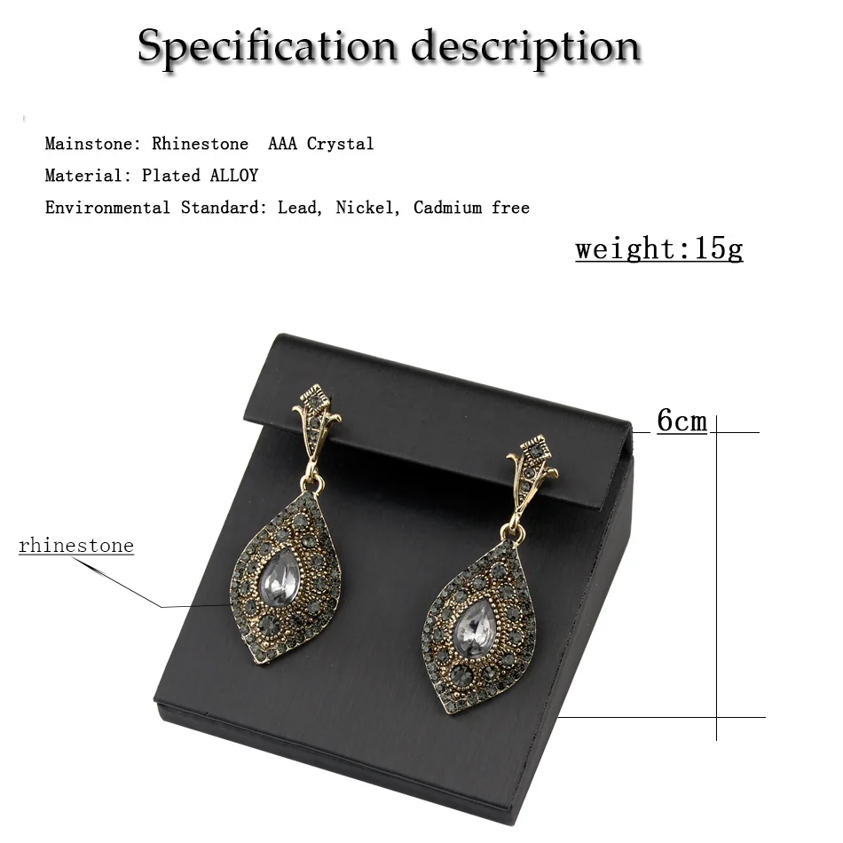 Sunspicems Turkish Gray Crystal Drop Earrings For Women Antique Gold Color Bohemia Ethnic Wedding Jewelry Party Bijoux 2020