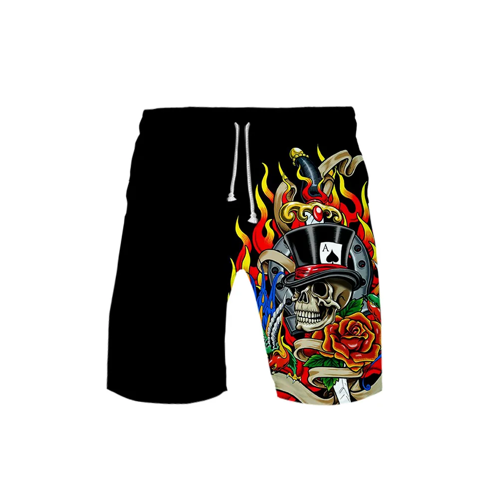 Skull & poker impressão 3d verão ilha férias board shorts praia shorts homens baggy casual solto secagem rápida correndo esporte shorts