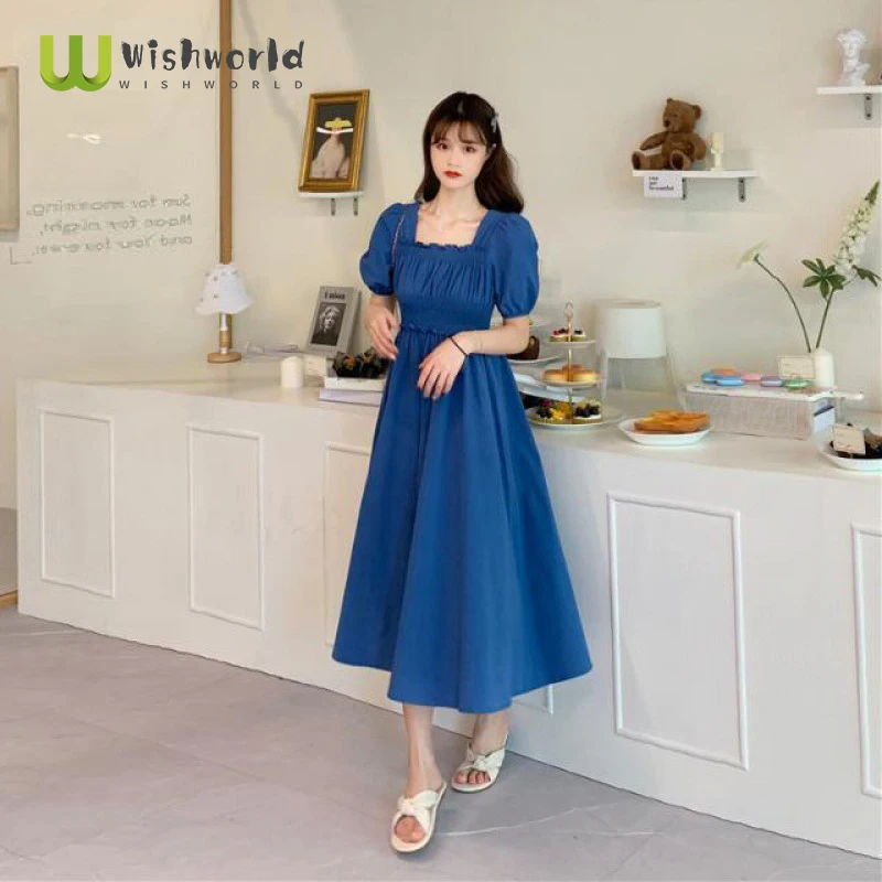 

2021 New Retro French Vertical Pleated Bubble Sleeve Chiffon Dress Women's Elegant Party Club Dress Summer Sundress Blue Robe