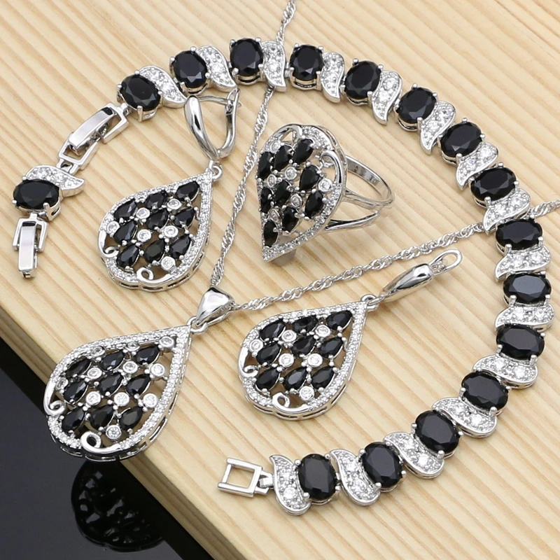 

Women Masquerade 925 Sterling Silver Jewelry Sets Black CZ Hyperbole Design Earrings Fashion Suit Necklace Sets Dropshipping