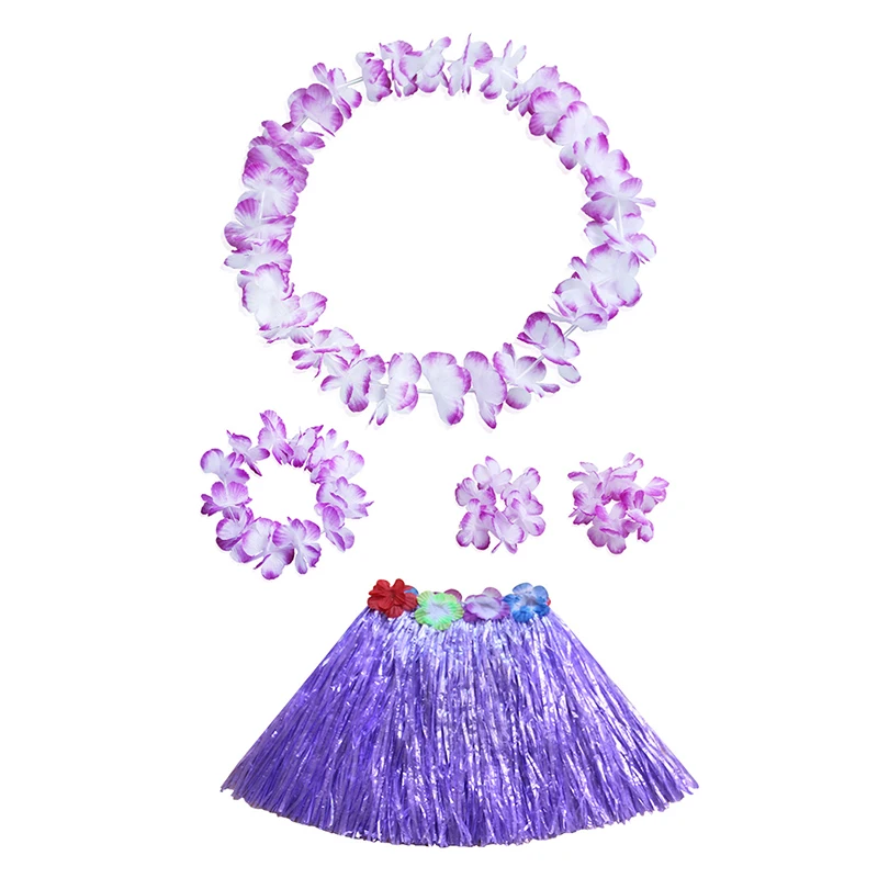 Kids Girls Hawaiian Luau Grass Hula Hawaiian Style Suit Flower Skirt Garland Hula Skirt Dance Party Costume Set Woman Dress Up