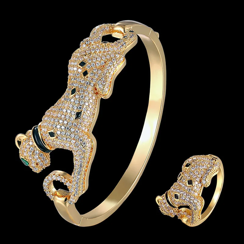 

Zlxgirl Luxury brand jet Enamel gold leopard animal bangle with ring jewelry sets for women metal mirco pave bracelet bangle