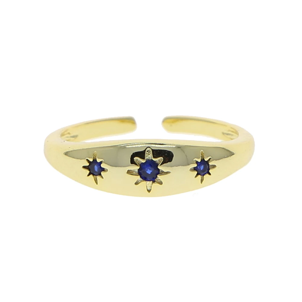 High Polished Engraved Blue Cz North Star Starbrust Charm Band Finger Ring For Women Gold Color Fashion Open Adjust Jewelry Gift