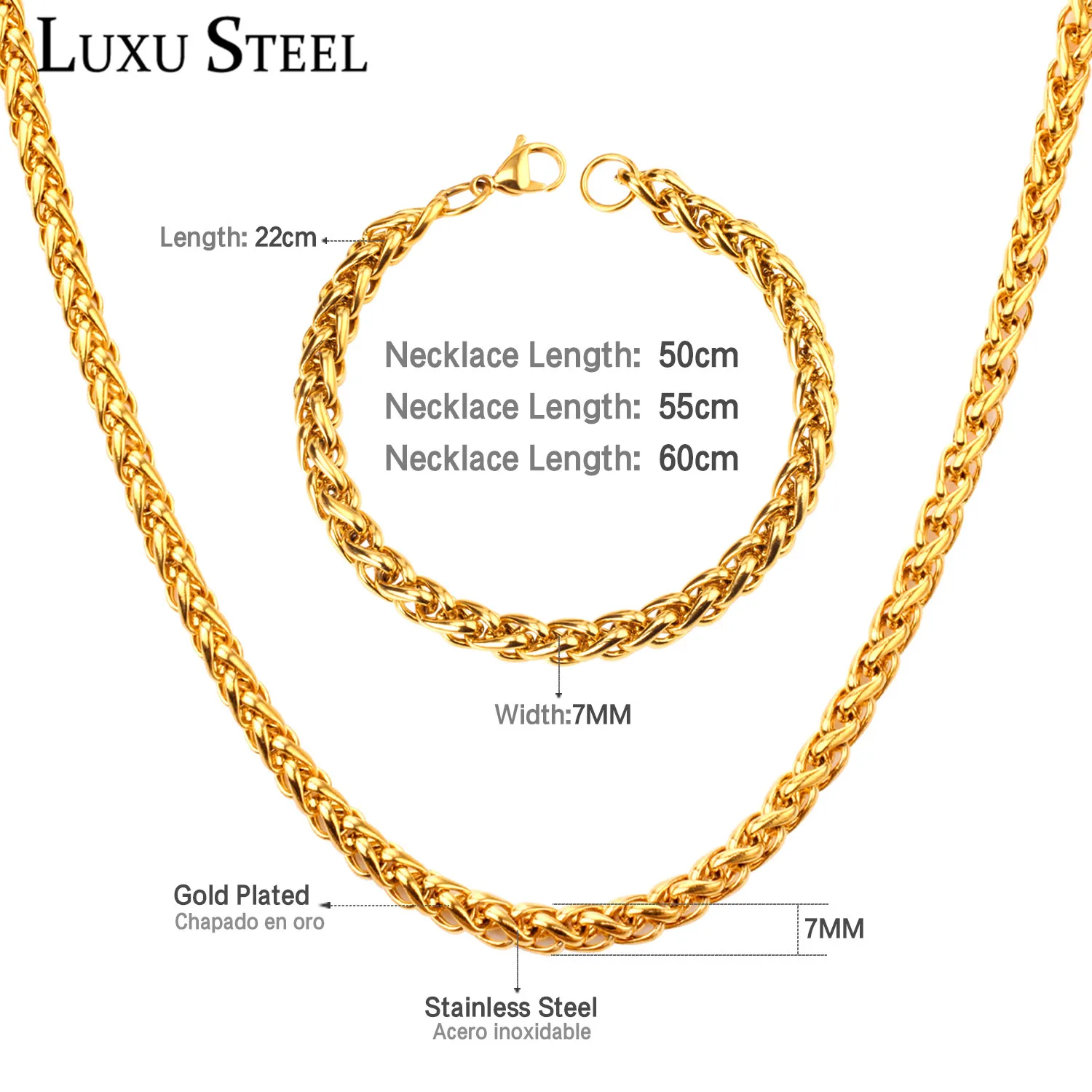 LUXUSTEEL Women Necklaces Sets Stainless Steel Hiphop wheat Shape Chains Bracelets Sets Men 50cm 55cm 60cm Long Chain Necklaces