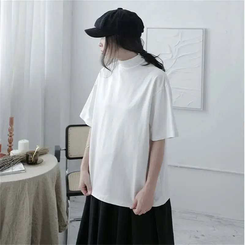 

Women's Short Sleeve T-Shirt Summer New Vintage Half High Collar Cold Wind Loose Solid Color Large Size Half Sleeve T-Shirt