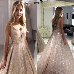 Özelleştirilmiş Muhteşem Gül Altın Payetli Gelinlik Modelleri Sparkle Pullu Balo Abiye Backless Parti Elbise Robe De Soiree