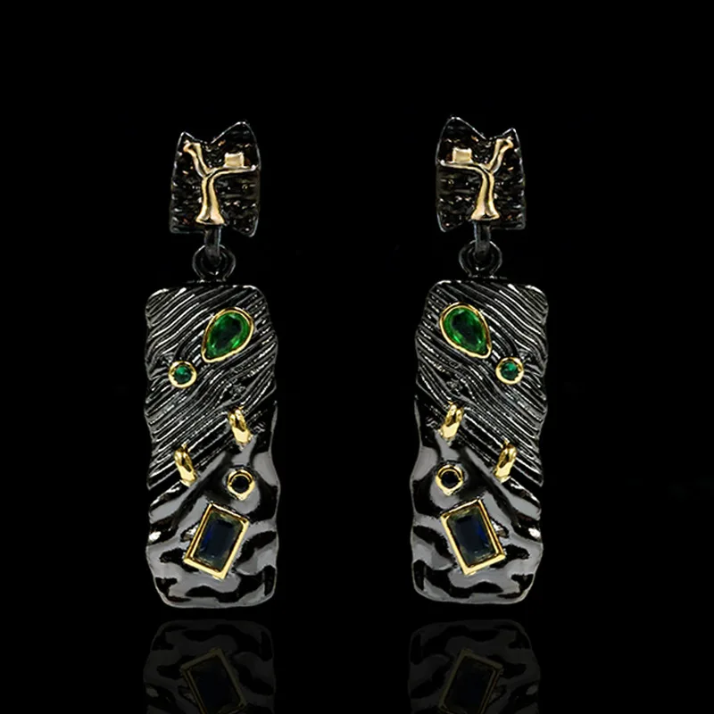 Colorful zircon Design Vintage Emerald Dangle Drop Earrings for Women Party Jewelry 925 Silver Black Gold Color Italy Jewelry