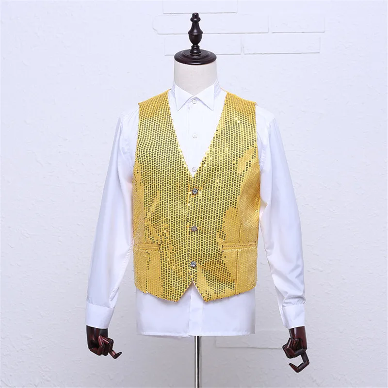 Mens Sequins Paillette Vests Shiny Suit Vest Men V Neck Party Dress Waistcoat Men Wedding DJ Club Stage Singer Chaleco Hombre