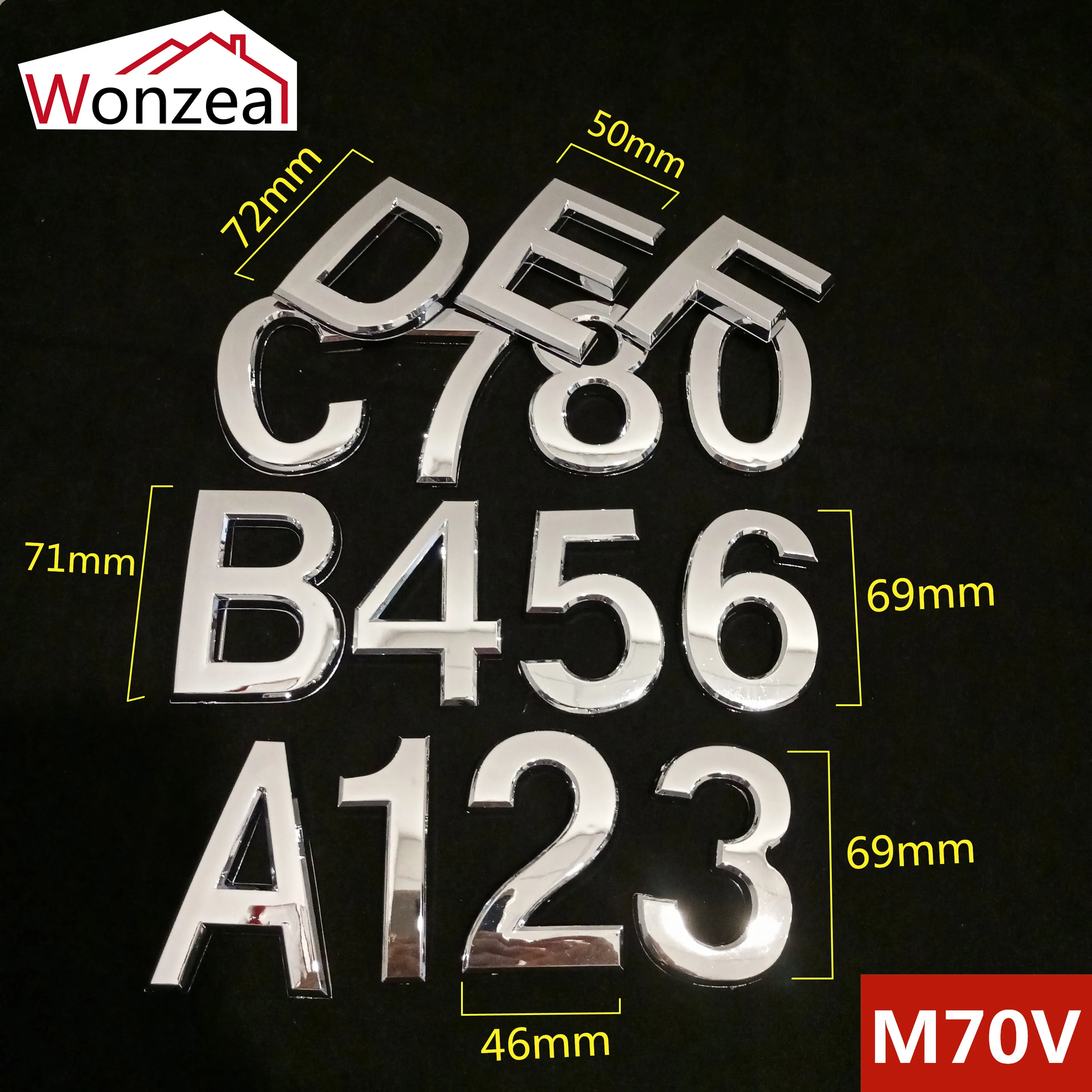 70mm 0123456789ABCDEF Wonzeal Modern Silver Plaque Number House Hotel Door Address Digits Sticker Plate Sign ABS Plastic