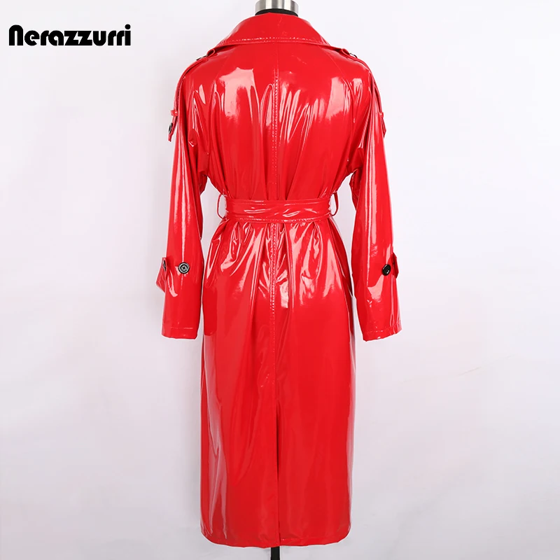 Nerazzurri Autumn Long Red Waterproof Shiny Reflective Patent Leather Trench Coat for Women Double Breasted Plus Size Fashion