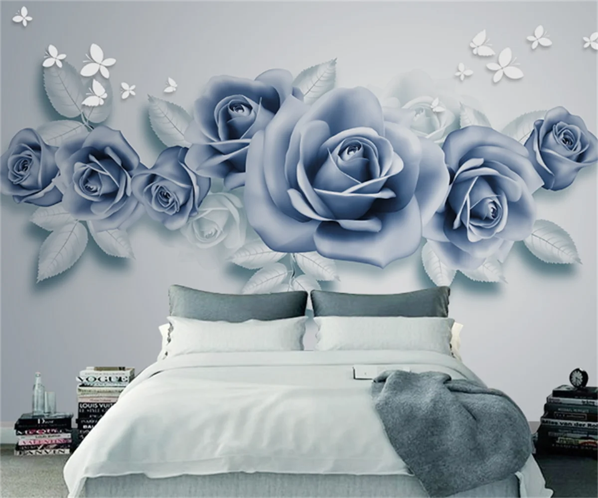 

Modern and beautiful light blue 3D stereo rose TV sofa background wallpaper custom European wallpaper wall painting papier peint