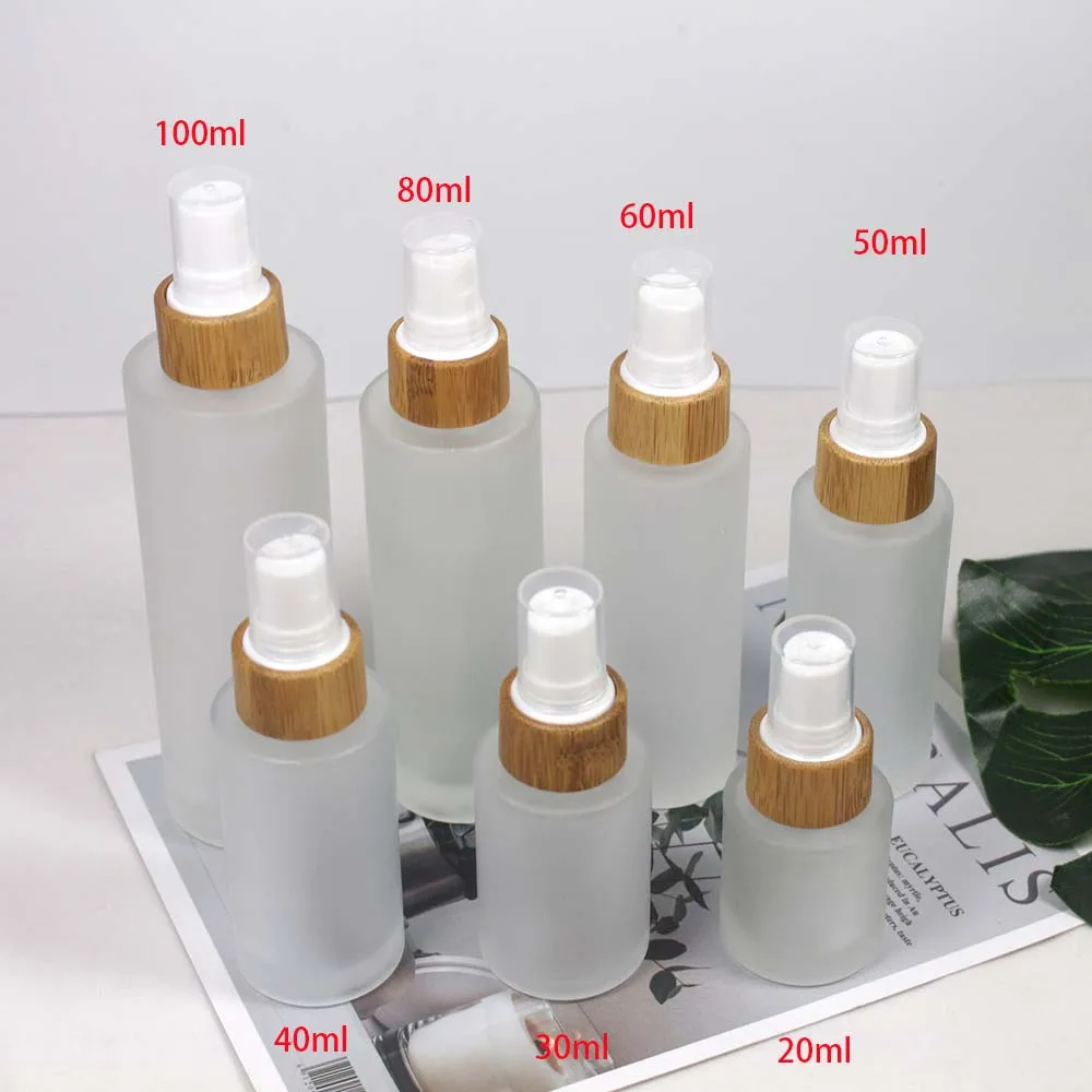 50ml Frosted Glass Lotion Bottle Wood Grain Bamboo Cover Cosmetic Skin Care Product Container Packaging