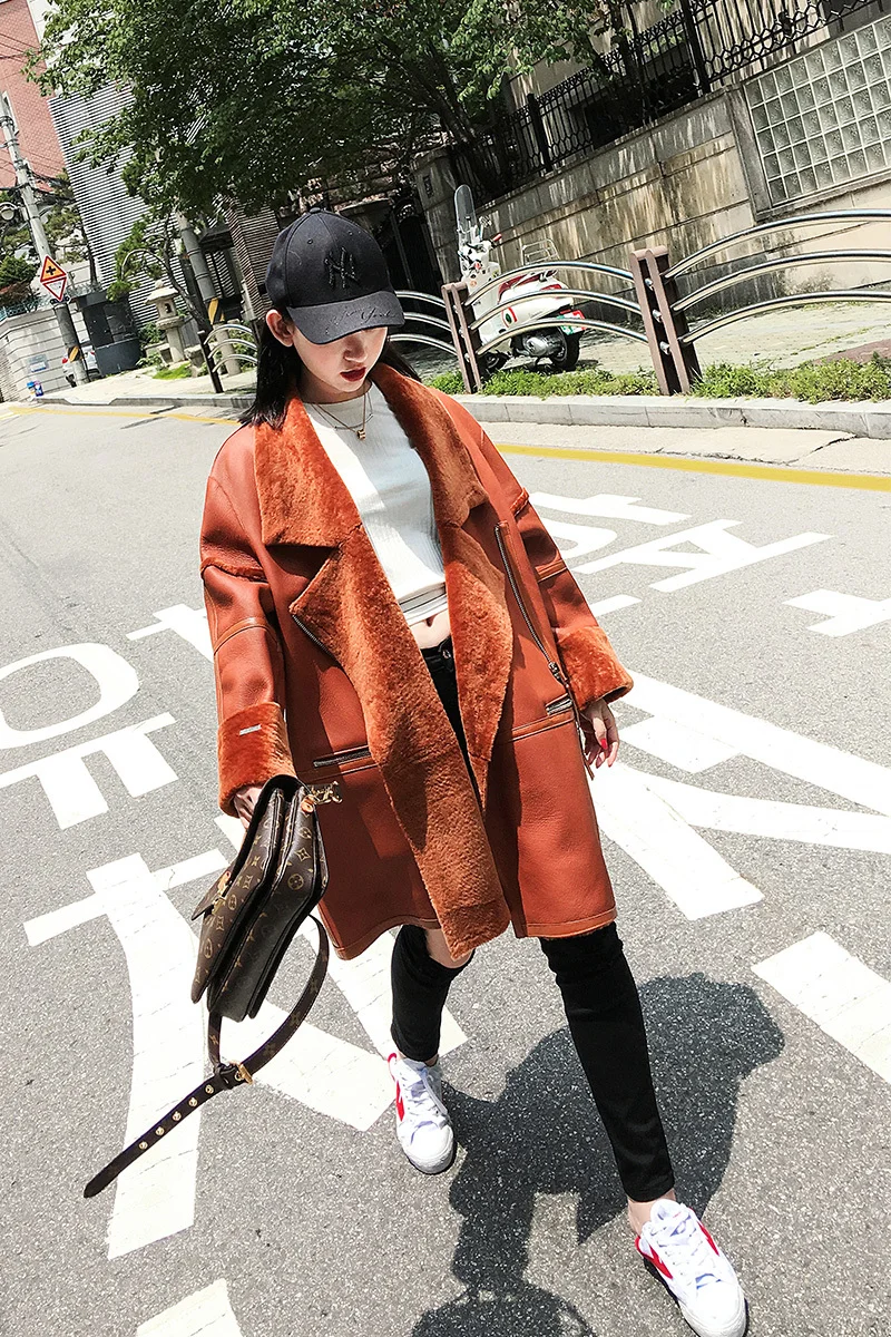 Geniune Leather Jacket Women Sheepskin Leather Double Faced Fur Coat Winter Real Sheep Fur Thick Outwear 17069 MF315