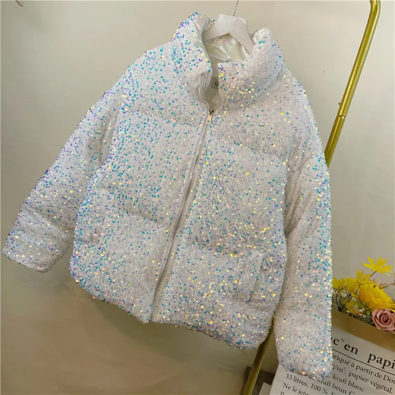 2024 New Winter European Loose Warm Thickening Sequin Cotton Jacket Woman Fashion Women Coat Loose Streetwear