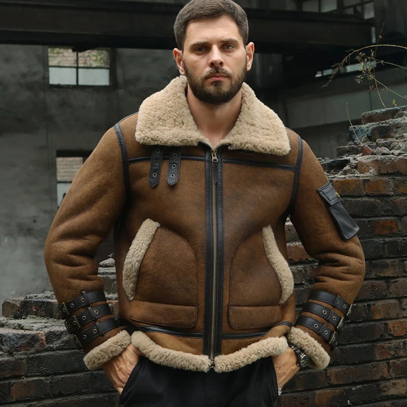 Denny&Dora New Mens Sheepskin Shearling Jacket B3 Flight Jacket Short Fur Coat Winter Hunting Jacket Brown Leather Jacket