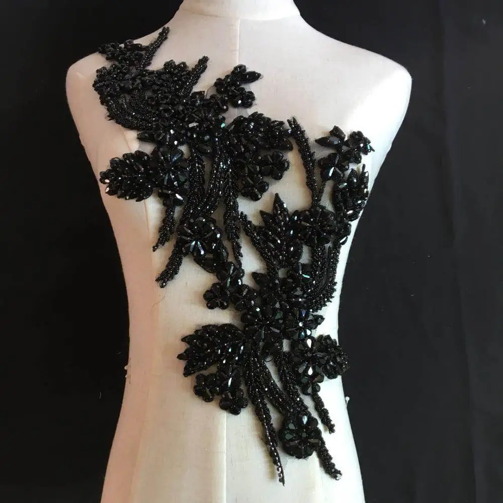 

stock 1piece/bag Black high - end beaded 3d beaded dress chest decoration for wedding evening dress design KC52#