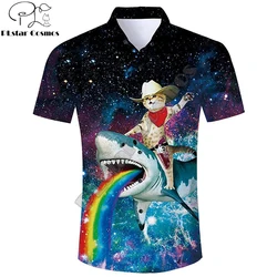 Summer Harajuku Short sleeve Shirts Funny Cowboy Cat Riding Shark 3D Printed Hawaiian Shirt Mens Harajuku Casual Shirt drop ship