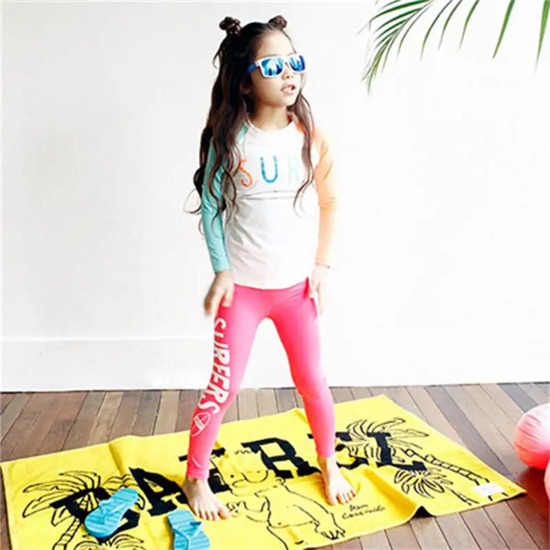 2pcs/set Unisex Quick-drying Sunscreen Split Type Long Sleeve Swimwear Letters Print Muslim Style Swimsuit for Boy Girl Children