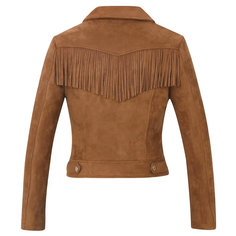 Brown faux leather Women high quality suede leather jacket spring fall new casual fashion ladies tassel coat biker jacket pink