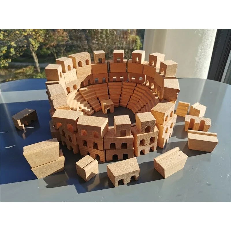 Bloques de construcción de madera para niños, Castillo de apilamiento de madera sin pintar, Iglesia Coliseo, bloques atléticos, juguete educativo