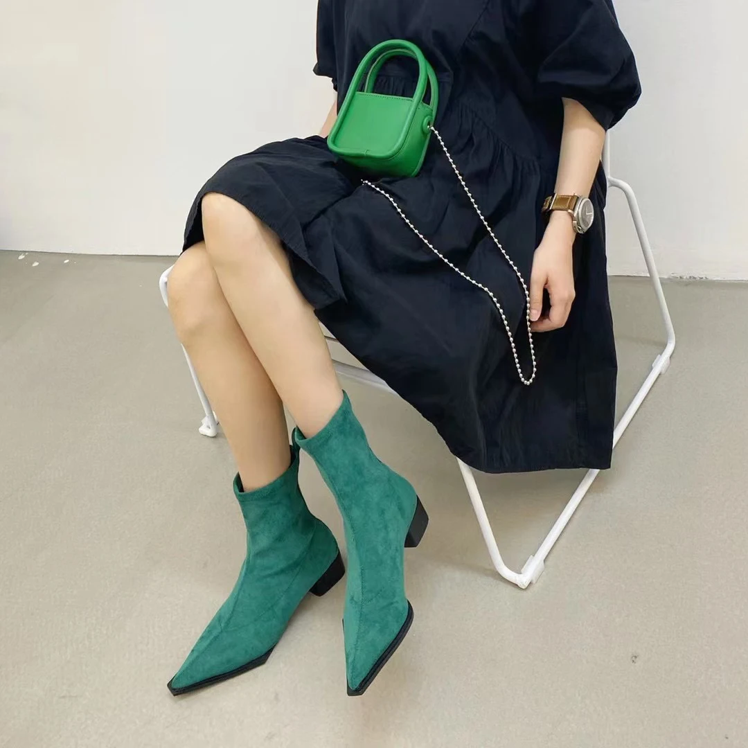 Women Sock Booties Winter Stretch Botas Thick Mid Heels Slip On High Quality Pointed Toe Short Winter Shoes Woman Green Shoes