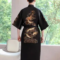 Black Satin Men Kimono Gown Embroidery Dragon Robe Casual Bathrobe Gown Male Loungewear V-neck Sleepwear Loose Home Clothes