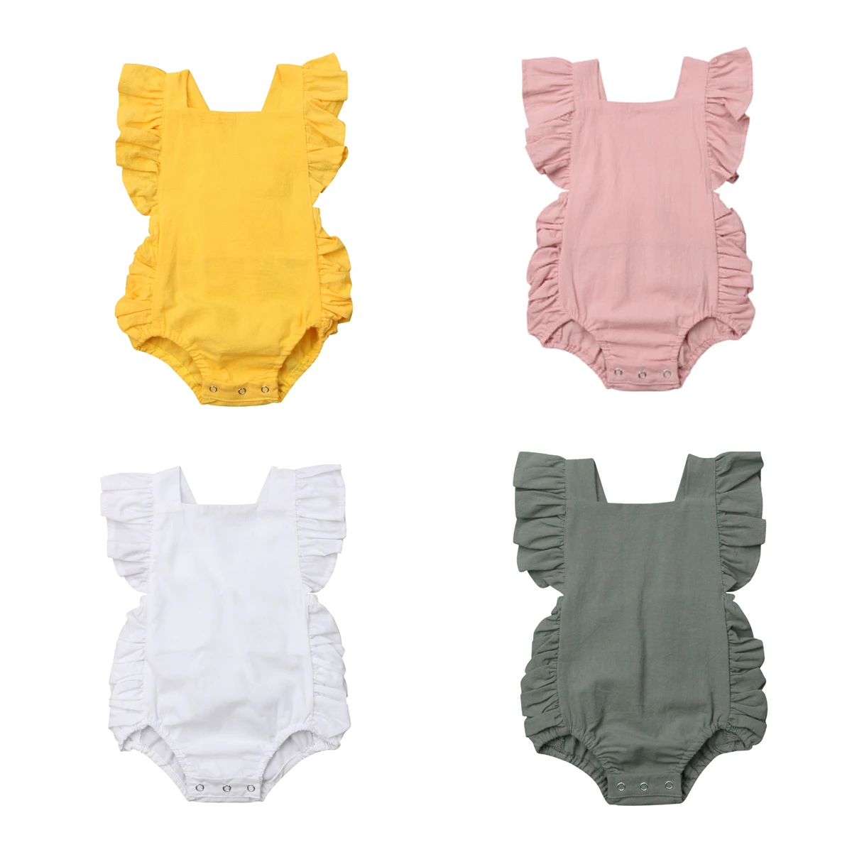 Bebê recém-nascido Ruffled Sem Mangas Backless Romper, Macacão De Cor Sólida, Roupa De Sunsuit, Roupas De Verão, 0-24M