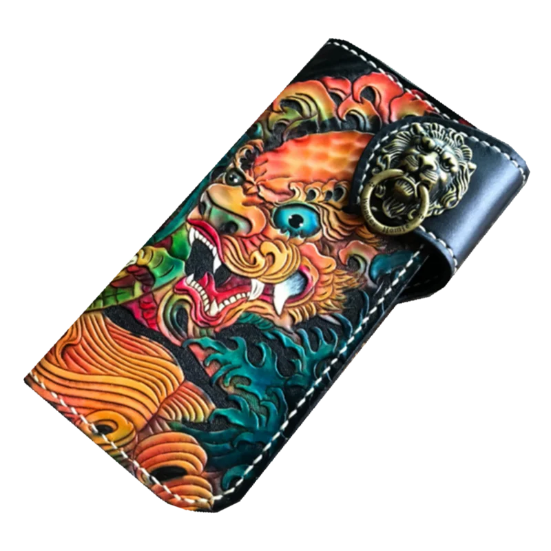 

Handmade Carving Lion Women Wallets Card Holder Purses Men Long Clutch Vegetable Tanned Leather Gifts